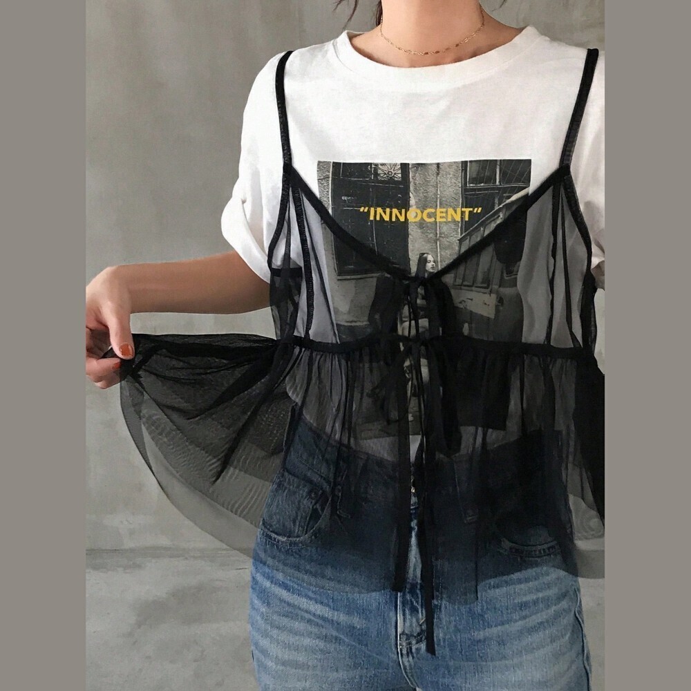 Black Sheer Mesh Tie Front Spaghetti Strap Peplum Crop Camisole